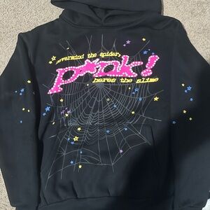 Black Graphic Hoodie with Pink and Yellow Accents